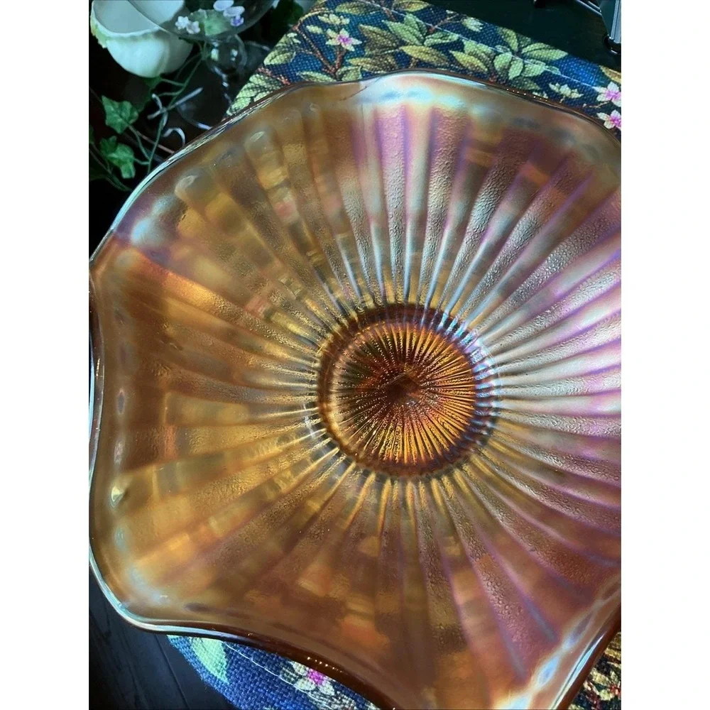 Antique FENTON Stippled Rays Amethyst Carnival Round Crimped Bowl‎ 8
